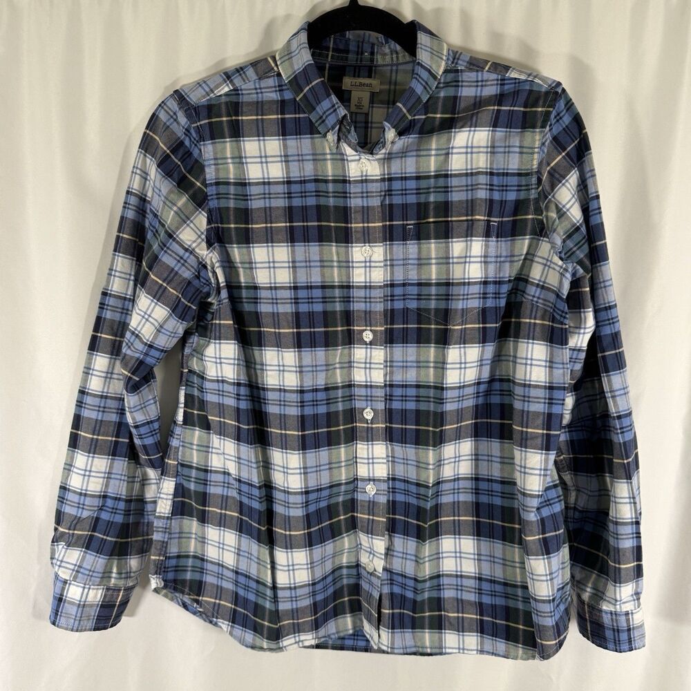 LL Bean Blouse Women's XS Blue Green Plaid Button Up Long Sleeve 100% Cotton